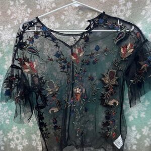 Dalia Sheer Black Embroidered Floral Blouse